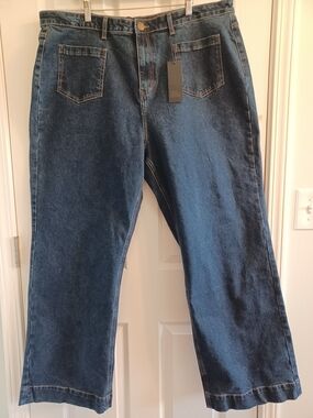 NWT Wide Leg Denim High-rise Relaxed Dark Blue Jeans Womens 22R